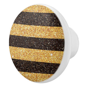 Modern Brown Gold Glitter Bumblebee Stripes Ceramic Knob