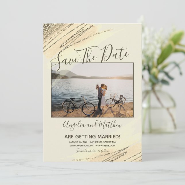 Modern Brown Gold Glitter Spark Save Th Date Photo Save The Date (Standing Front)