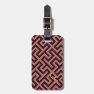 Modern brown greek key geometric pattern monogram luggage tag