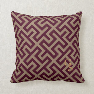 Modern brown greek key geometric pattern monogram throw pillow