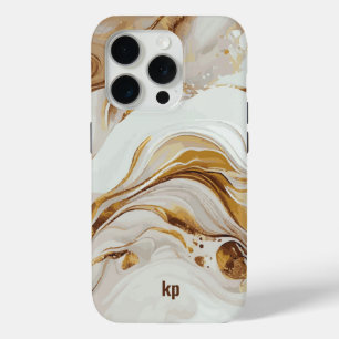 Modern brown grey swirly marble texture monogram iPhone 15 pro case