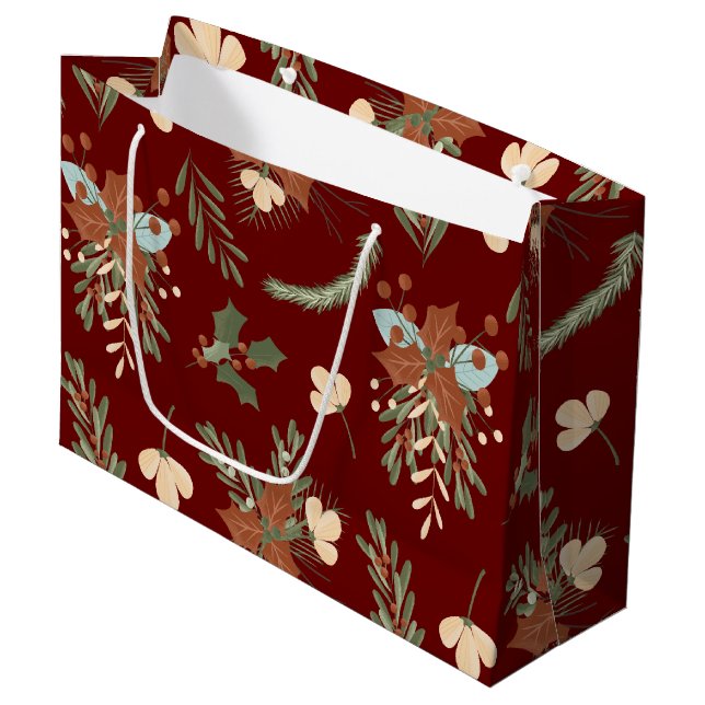 Modern Brown Holly Leaves and Berries Bouquet Large Gift Bag (Front Angled)
