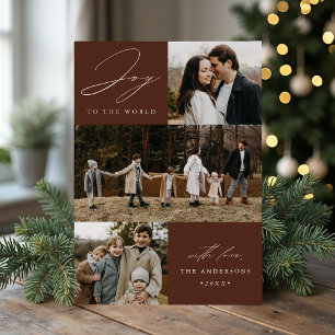 Modern Brown Joy to the World 4 Photo Holiday Card