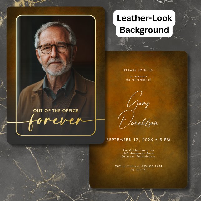 Modern Brown Leather Photo Retirement Party (Modern Brown Leather Photo Retirement Party Foil Invitation)