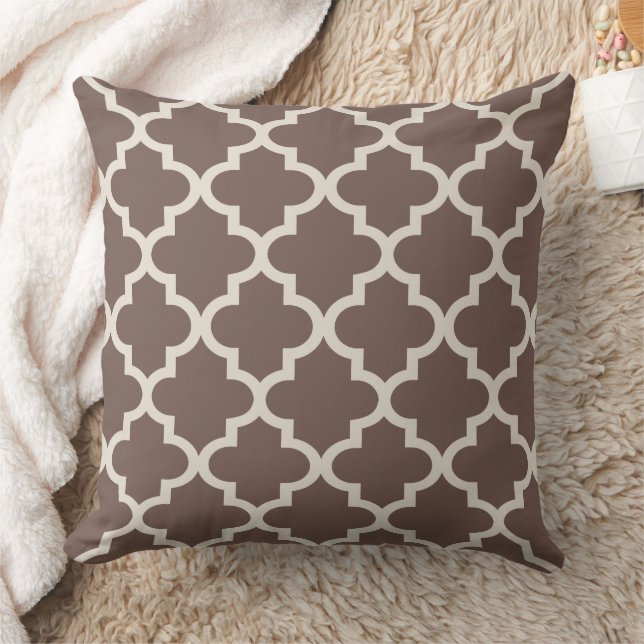 Modern Brown Moroccan Quatrefoil Pattern Throw Pillow (Blanket)