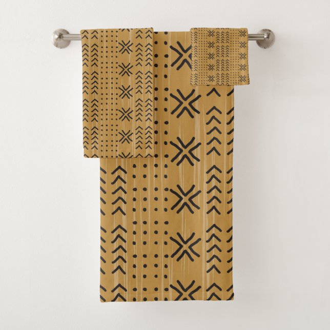 Modern Brown Mudcloth African Pattern Bath Towel Set (Insitu)