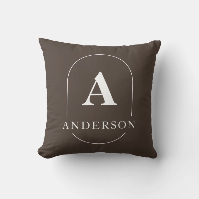 Modern Brown Personalized Family Name Monogram Throw Pillow (Front)