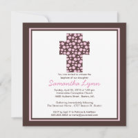Modern Brown Pink Cross Girls Baptism Invitation