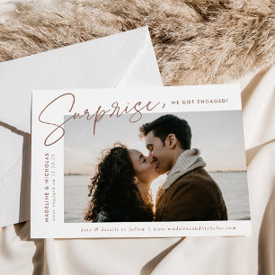 Modern Brown Script Surprise Photo Engagement Announcement