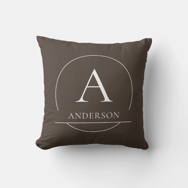 Modern Brown Simple Initial Family Name Monogram Throw Pillow (Front)