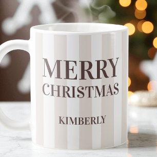 Modern Brown Stripes Personalized Merry Christmas Coffee Mug
