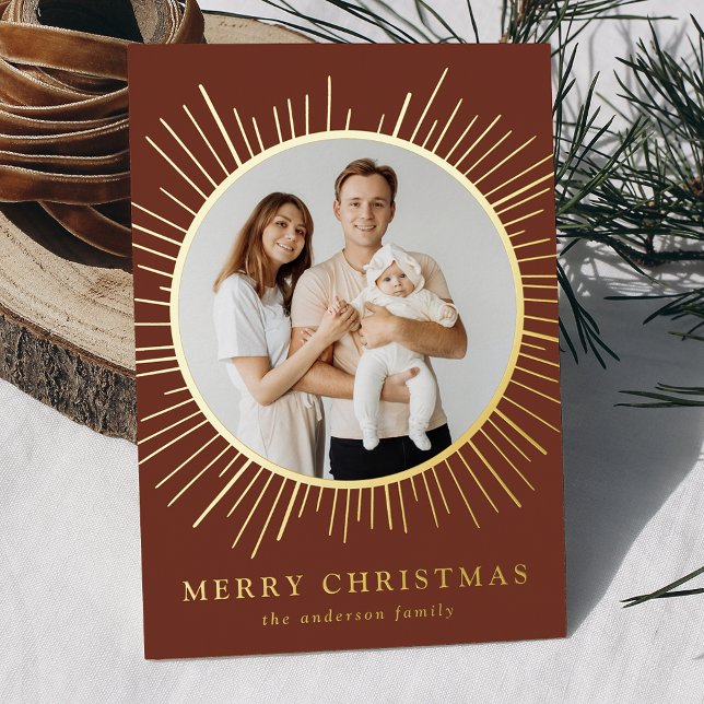 Modern Brown Sunburst Merry Christmas 2 Photo Foil Holiday Card (Creator Uploaded)