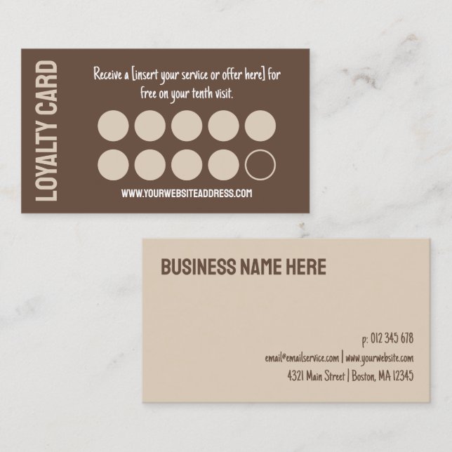 Modern Brown Tan Ten Visits Loyalty Punch Card (Front/Back)