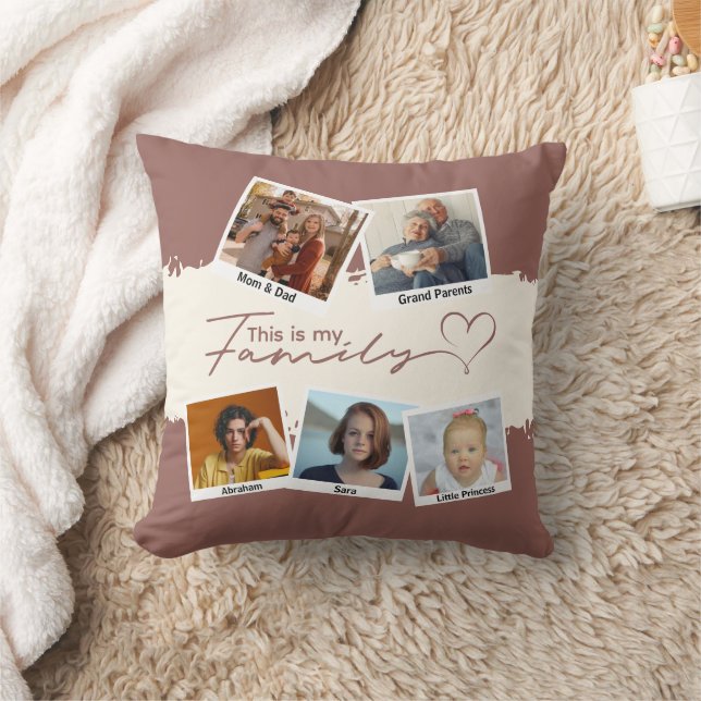 Modern Brown Typography Family Collage Photo Throw Pillow (Blanket)