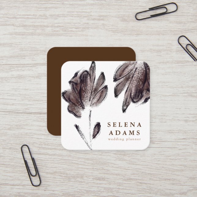 Modern  Brown Watercolor Floral Stylish Square Business Card (Front/Back In Situ)