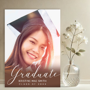 Modern Brown White Calligraphy Photo Graduation Invitation
