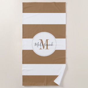 Modern Brown White Stripes Chic Script Monogram Beach Towel