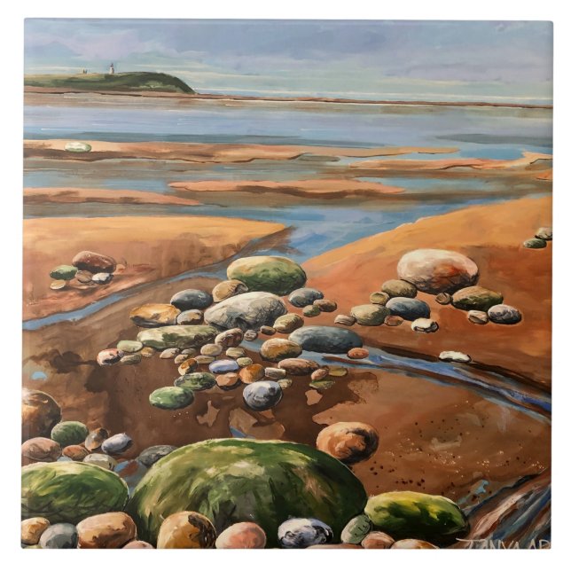 Modern  Browns /Greens Seashore Beach Ocean Scene Tile (Front)