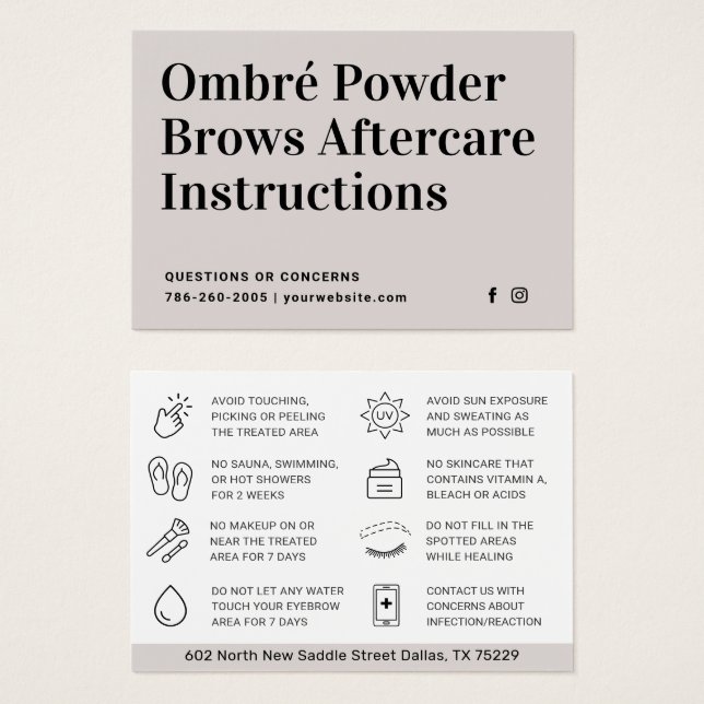 Modern Brows Aftercare PMU Brow Instructions Card (Front & Back)