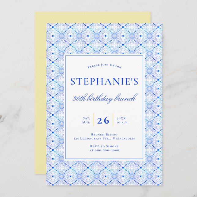 Modern Brunch Blue Portuguese Tiles 30th Birthday Invitation (Front/Back)