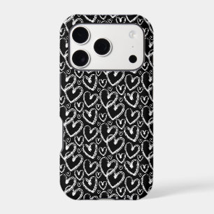 Modern Brush Heart Black White Pattern
