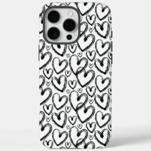 Modern Brush Heart Black White Pattern iPhone 16 Pro Max Case