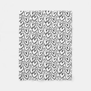 Modern Brush Heart Black White Pattern Fleece Blanket