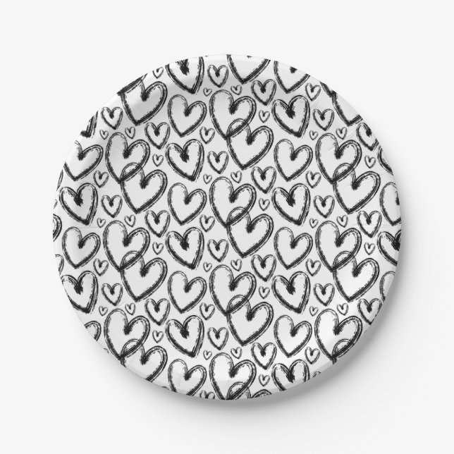 Modern Brush Heart Black White Pattern Paper Plate (Front)