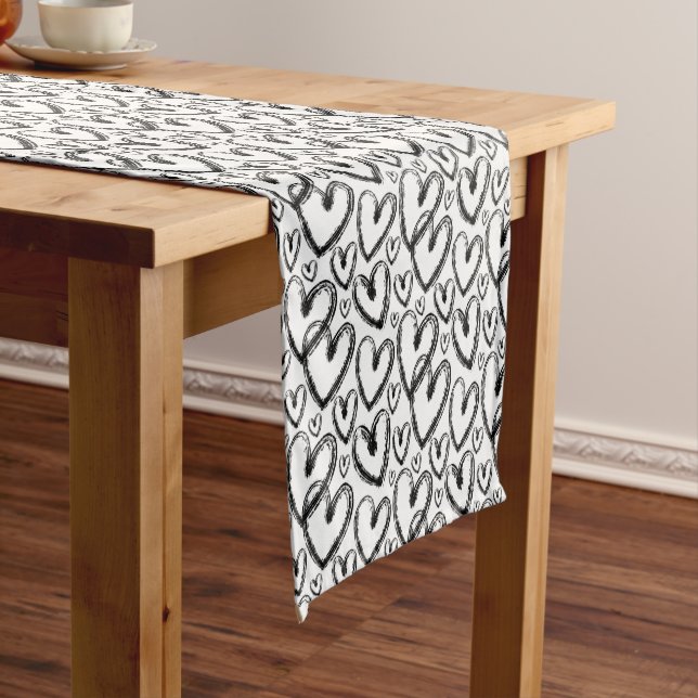 Modern Brush Heart Black White Pattern Short Table Runner (In Situ)