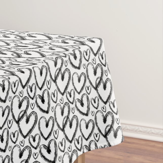 Modern Brush Heart Black White Pattern Tablecloth (In Situ)