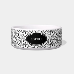 Modern Brush Heart Black White Personalized Pet Bowl