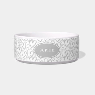 Modern Brush Heart Grey Personalized Pet Bowl