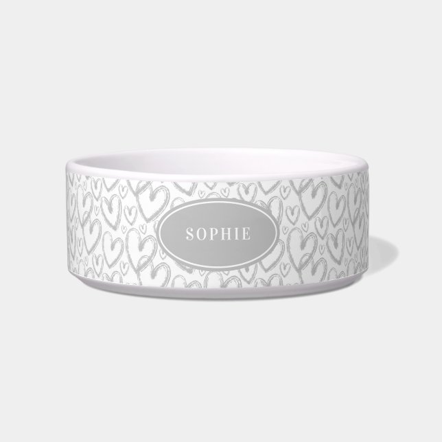 Modern Brush Heart Grey Personalized Pet Bowl (Front)