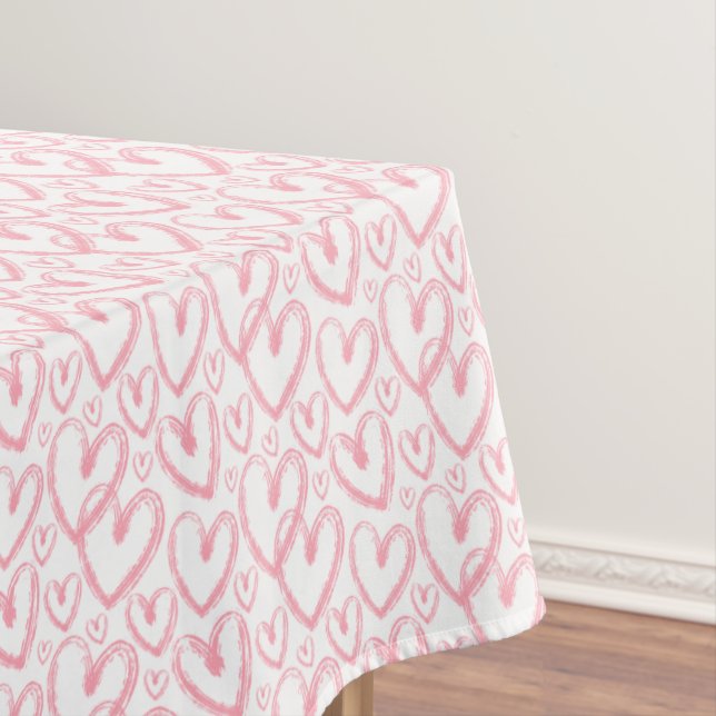 Modern Brush Heart Pink White Pattern Tablecloth (In Situ)