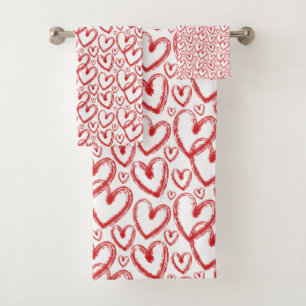 Modern Brush Heart Red White Pattern Bath Towel Set