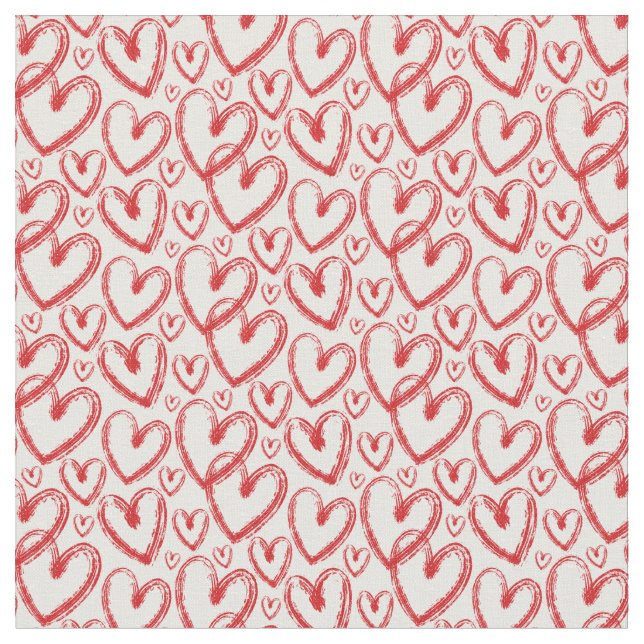 Modern Brush Heart Red White Pattern Fabric (Close Up)