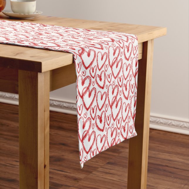 Modern Brush Heart Red White Pattern Short Table Runner (In Situ)