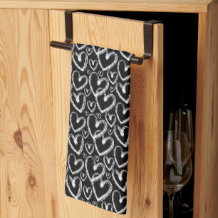 Modern Brush Heart White Black Pattern Kitchen Towel