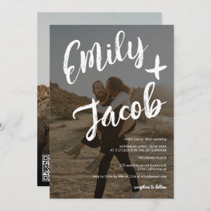 Modern brush names 2 photos qr code wedding invitation