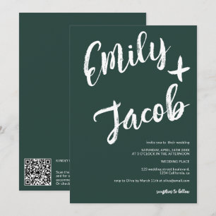Modern brush names green qr code wedding invitation