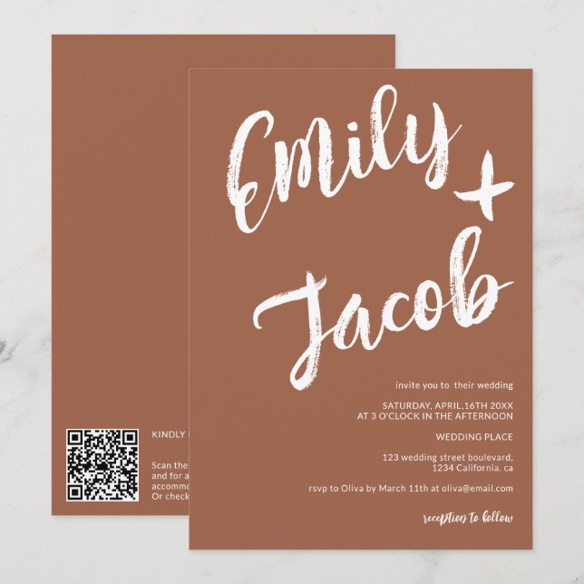 Modern brush names terracotta qr code wedding invitation (Front/Back)