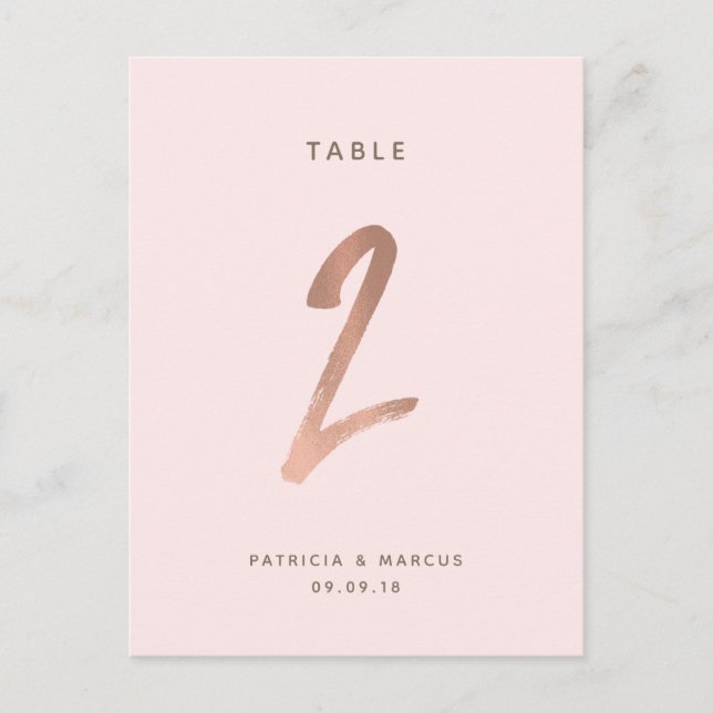 Modern Brush Rose Gold Wedding Table number 2 Postcard (Front)