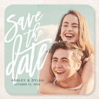 Modern Brush Save the Date Announcement Square Paper Coaster