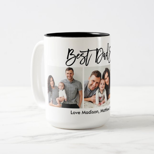 Modern Brush Script 3 Photo Best Dad Ever Two-Tone Coffee Mug (Front Left)