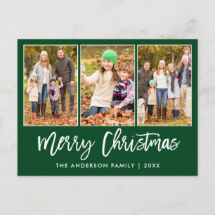 Modern Brush Script 3 Photo Christmas Green Postcard