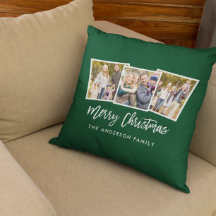Modern Brush Script 3 Photo Christmas Green Throw Pillow