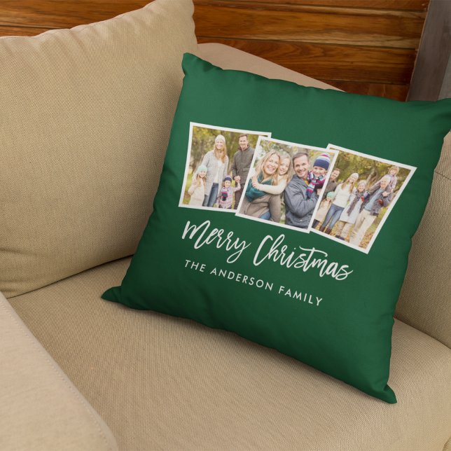 Modern Brush Script 3 Photo Christmas Green Throw Pillow (Customize to change your personalized text size, style or add more text.)