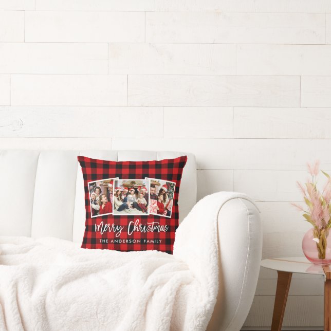 Modern Brush Script 3 Photo Christmas Red Plaid Throw Pillow (Couch)