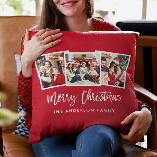Modern Brush Script 3 Photo Christmas Red Throw Pillow