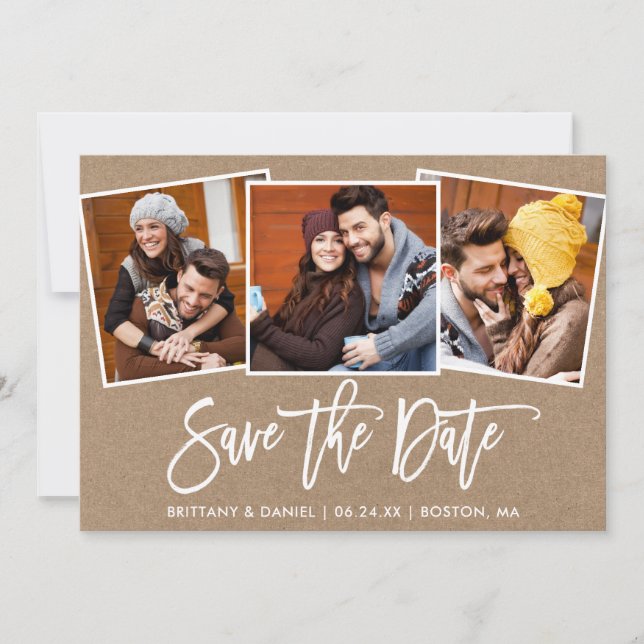 Modern Brush Script 3 Photo Collage Kraft Save The Date (Front)